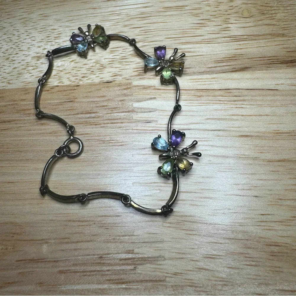VTG Sterling Silver Womens Butterfly Bracelet Multicolor Whimsigoth Cottagecore